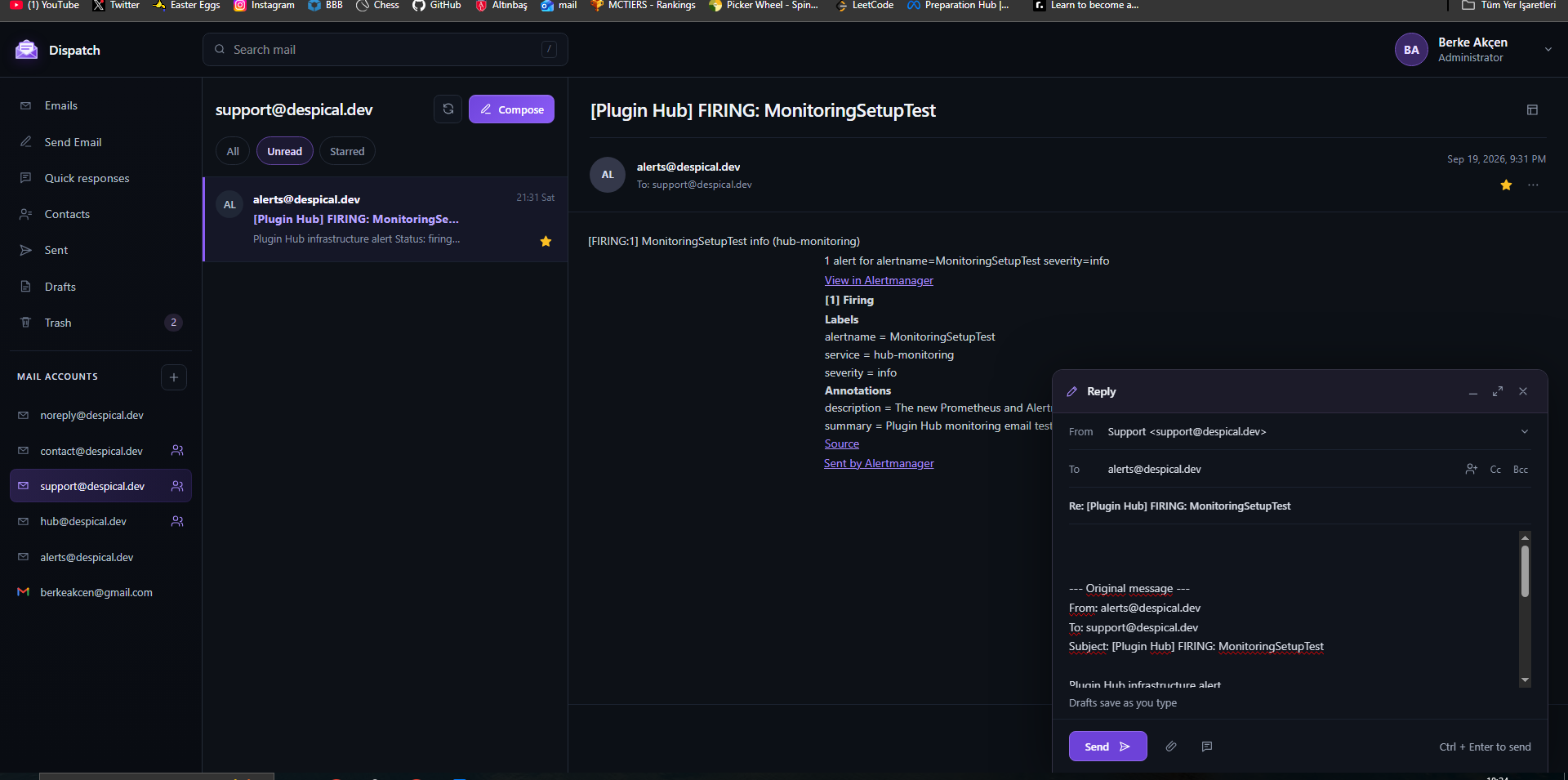 Dispatch mail workspace showing account navigation, a selected message, and a reply draft.